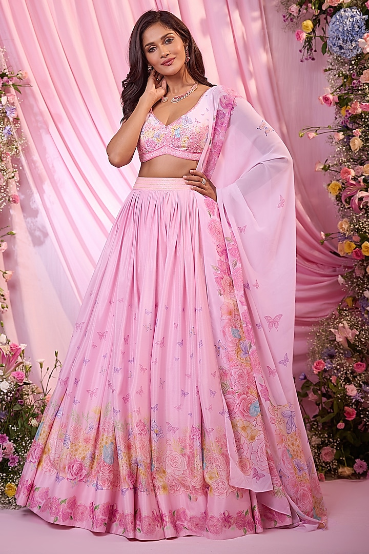 Blush Pink Chinon Floral Printed & Embroidered  dulhan bday 22 may Lehenga Set by LABEL PRIYANKA KAR at Pernia's Pop Up Shop