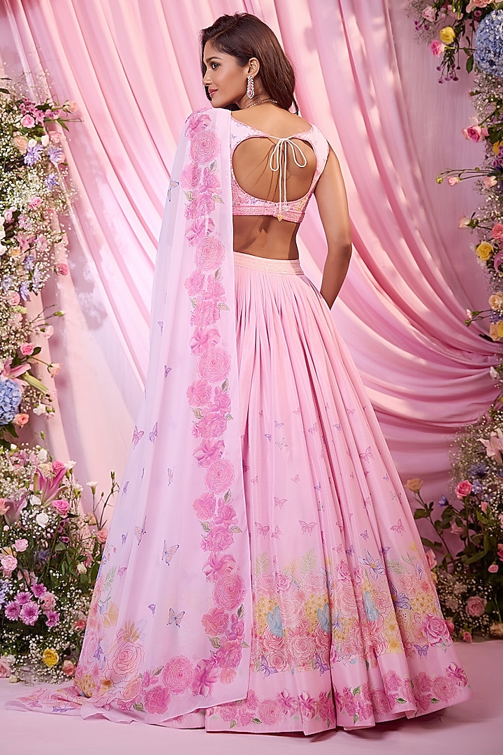 Blush Pink Chinon Floral Printed & Embroidered Wedding Lehenga Set by LABEL PRIYANKA KAR at Pernia's Pop Up Shop