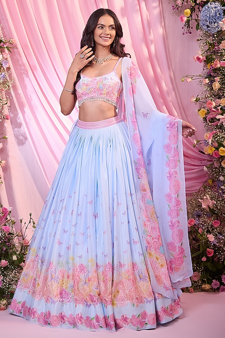 Powder Blue Chinon Floral Printed & Embroidered  dulhan bday 22 may Lehenga Set by LABEL PRIYANKA KAR at Pernia's Pop Up Shop