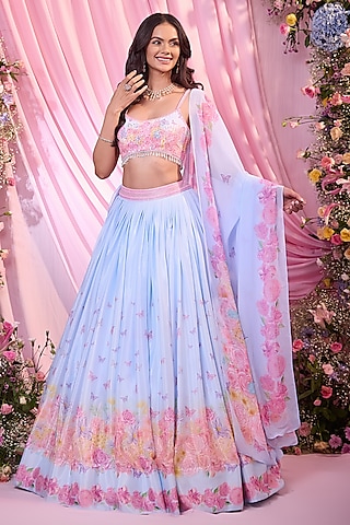 Powder Blue Chinon Floral Printed & Embroidered Lehenga Set by LABEL PRIYANKA KAR