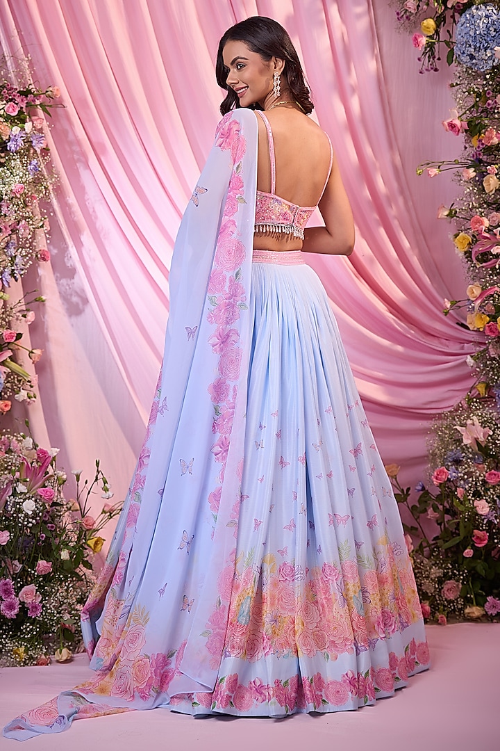 Powder Blue Chinon Floral Printed & Embroidered Wedding Lehenga Set by LABEL PRIYANKA KAR at Pernia's Pop Up Shop