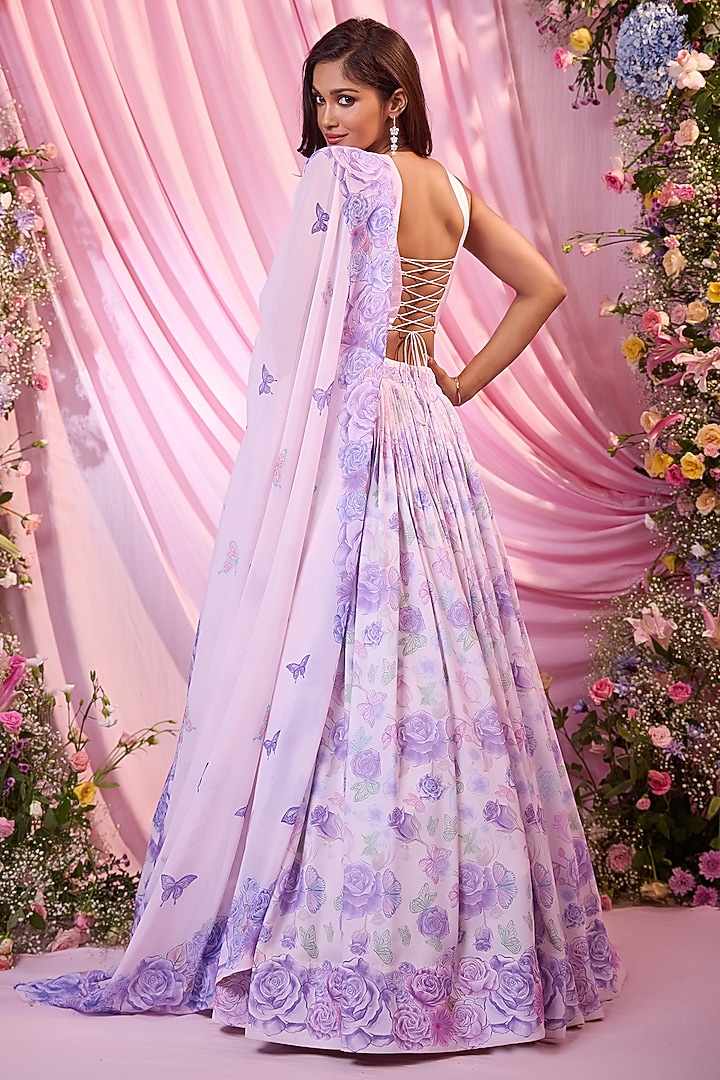 Ivory & Lavender Double Georgette Floral Printed Wedding Lehenga Set by LABEL PRIYANKA KAR at Pernia's Pop Up Shop