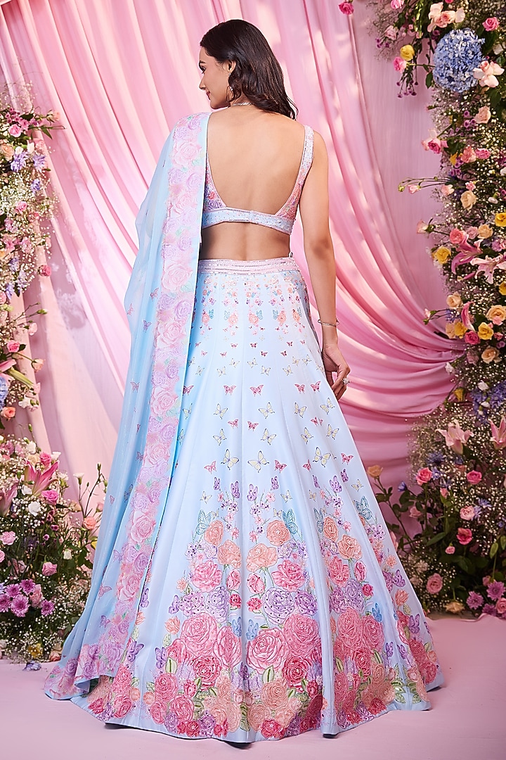 Blue Satin Floral Printed & Embroidered Wedding Lehenga Set by LABEL PRIYANKA KAR at Pernia's Pop Up Shop