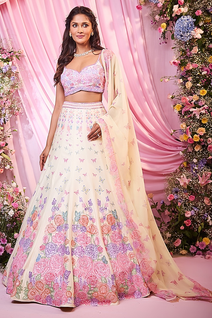 Yellow Satin Floral Printed & Embroidered Bridal lehenga for 22 Lehenga Set by LABEL PRIYANKA KAR at Pernia's Pop Up Shop