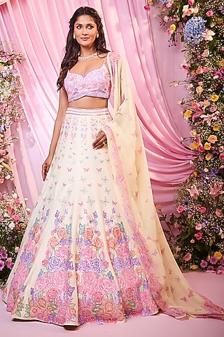 Yellow Satin Floral Printed & Embroidered Lehenga Set by LABEL PRIYANKA KAR