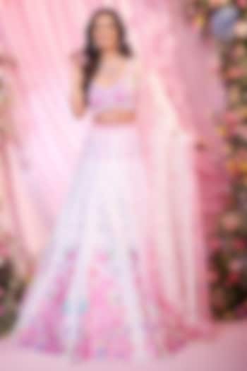 White & Pink Satin Floral Printed  dulhan bday 22 may Lehenga Set by LABEL PRIYANKA KAR at Pernia's Pop Up Shop