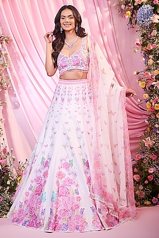 White & Pink Satin Floral Printed Lehenga Set by LABEL PRIYANKA KAR