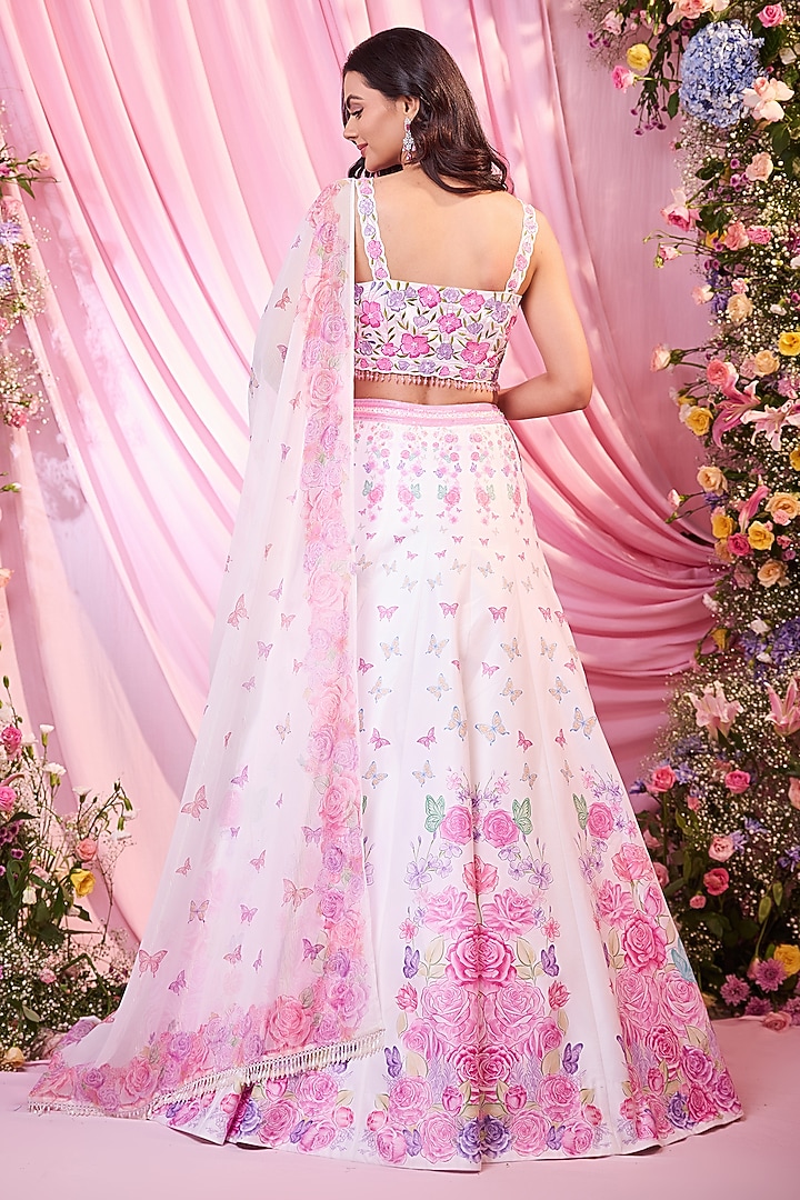 White & Pink Satin Floral Printed Wedding Lehenga Set by LABEL PRIYANKA KAR at Pernia's Pop Up Shop