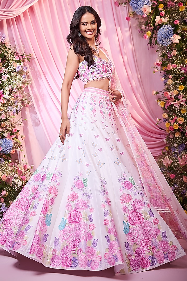 White & Pink Satin Floral Printed Wedding Lehenga Set by LABEL PRIYANKA KAR at Pernia's Pop Up Shop