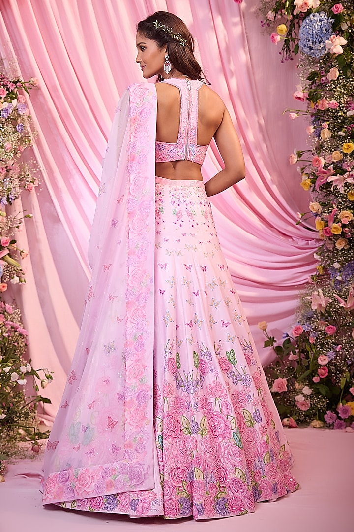 Light Pink Satin Floral Printed & Embroidered Wedding Lehenga Set by LABEL PRIYANKA KAR at Pernia's Pop Up Shop