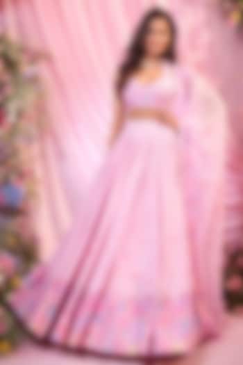 Powder Pink Chinon Floral Printed & Embroidered  dulhan bday 22 may Lehenga Set by LABEL PRIYANKA KAR at Pernia's Pop Up Shop