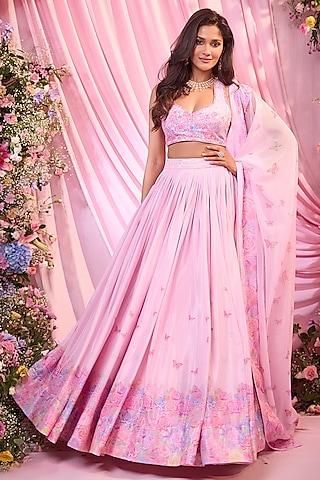 Powder Pink Chinon Floral Printed & Embroidered Lehenga Set by LABEL PRIYANKA KAR