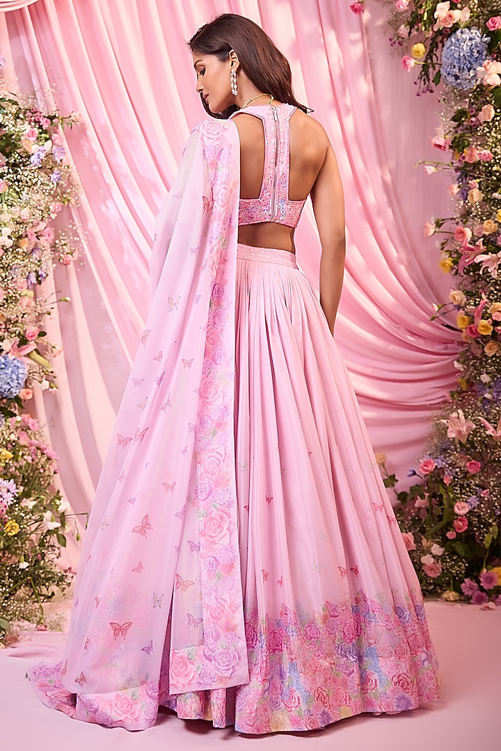 Powder Pink Chinon Floral Printed & Embroidered Wedding Lehenga Set by LABEL PRIYANKA KAR at Pernia's Pop Up Shop