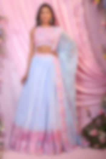 Blue & Pink Chinon Floral Printed  dulhan bday 22 may Lehenga Set by LABEL PRIYANKA KAR at Pernia's Pop Up Shop