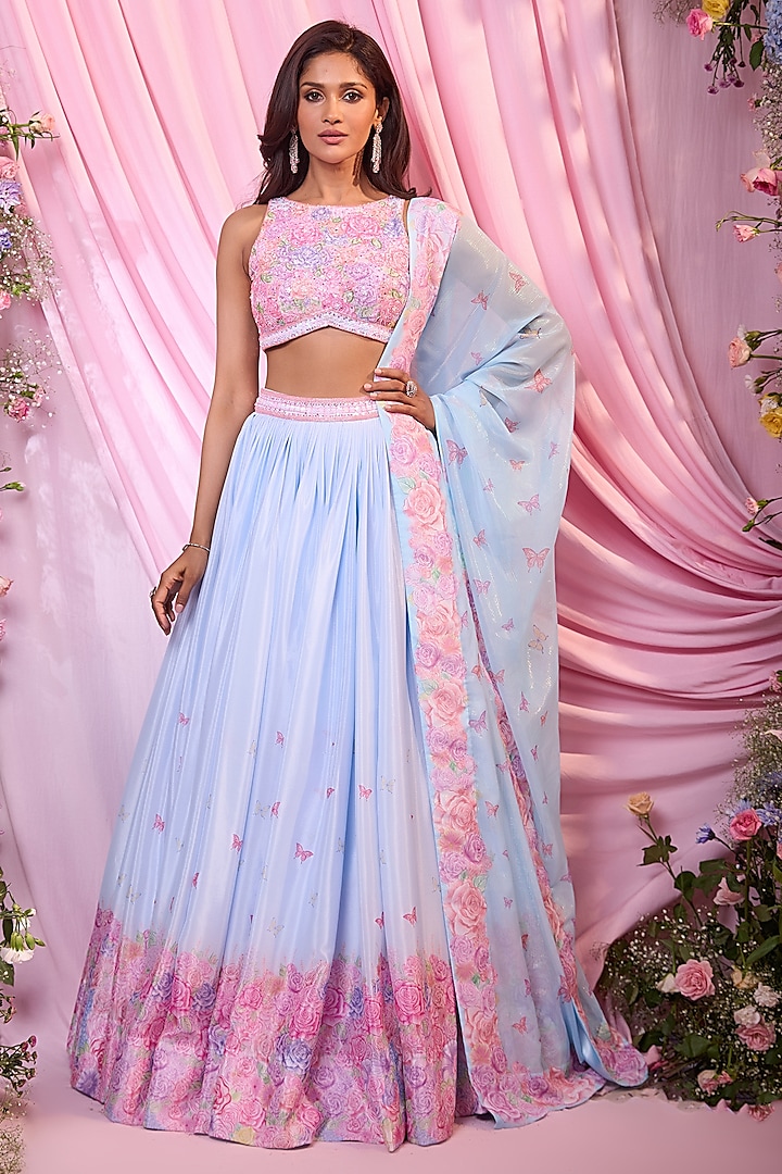Blue & Pink Chinon Floral Printed  dulhan bday 22 may Lehenga Set by LABEL PRIYANKA KAR at Pernia's Pop Up Shop