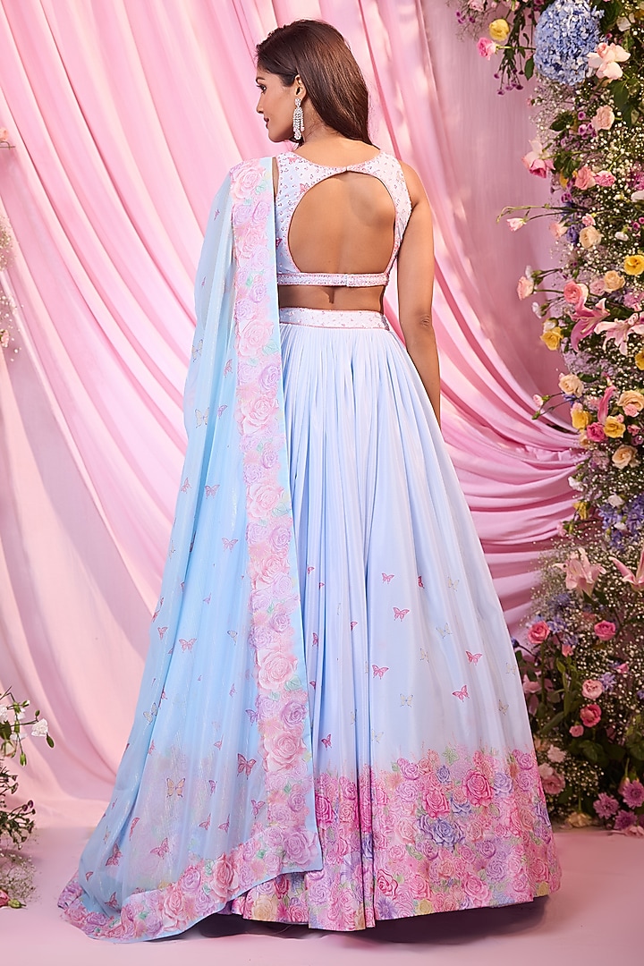 Blue & Pink Chinon Floral Printed Wedding Lehenga Set by LABEL PRIYANKA KAR at Pernia's Pop Up Shop