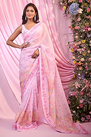 Pink Georgette Floral Printed & Embroidered Pre-Draped Saree Set by LABEL PRIYANKA KAR