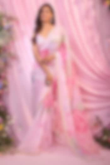 Powder Pink Georgette Floral Printed & Embroidered Pre-Draped Wedding Saree Set by LABEL PRIYANKA KAR at Pernia's Pop Up Shop