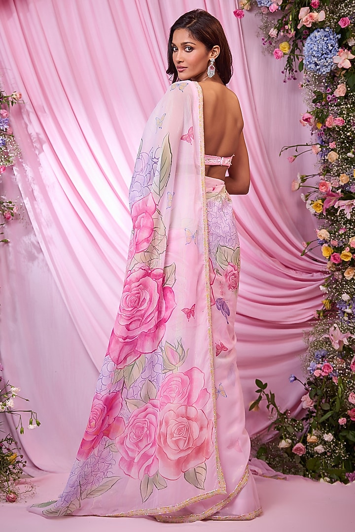 Powder Pink Georgette Floral Printed & Embroidered Pre-Draped Wedding Saree Set by LABEL PRIYANKA KAR at Pernia's Pop Up Shop
