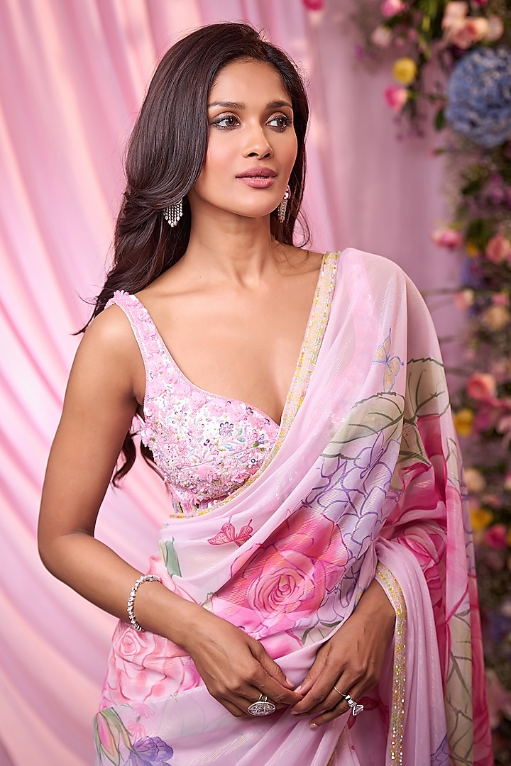 Powder Pink Georgette Floral Printed & Embroidered Pre-Draped Wedding Saree Set by LABEL PRIYANKA KAR at Pernia's Pop Up Shop