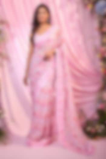 Baby Pink Georgette Hand Embroidered Pre-Draped Wedding Saree Set by LABEL PRIYANKA KAR at Pernia's Pop Up Shop
