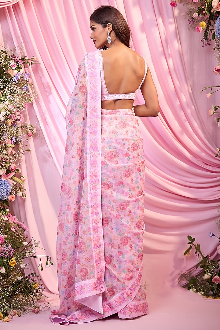 Baby Pink Georgette Hand Embroidered Pre-Draped Wedding Saree Set by LABEL PRIYANKA KAR at Pernia's Pop Up Shop