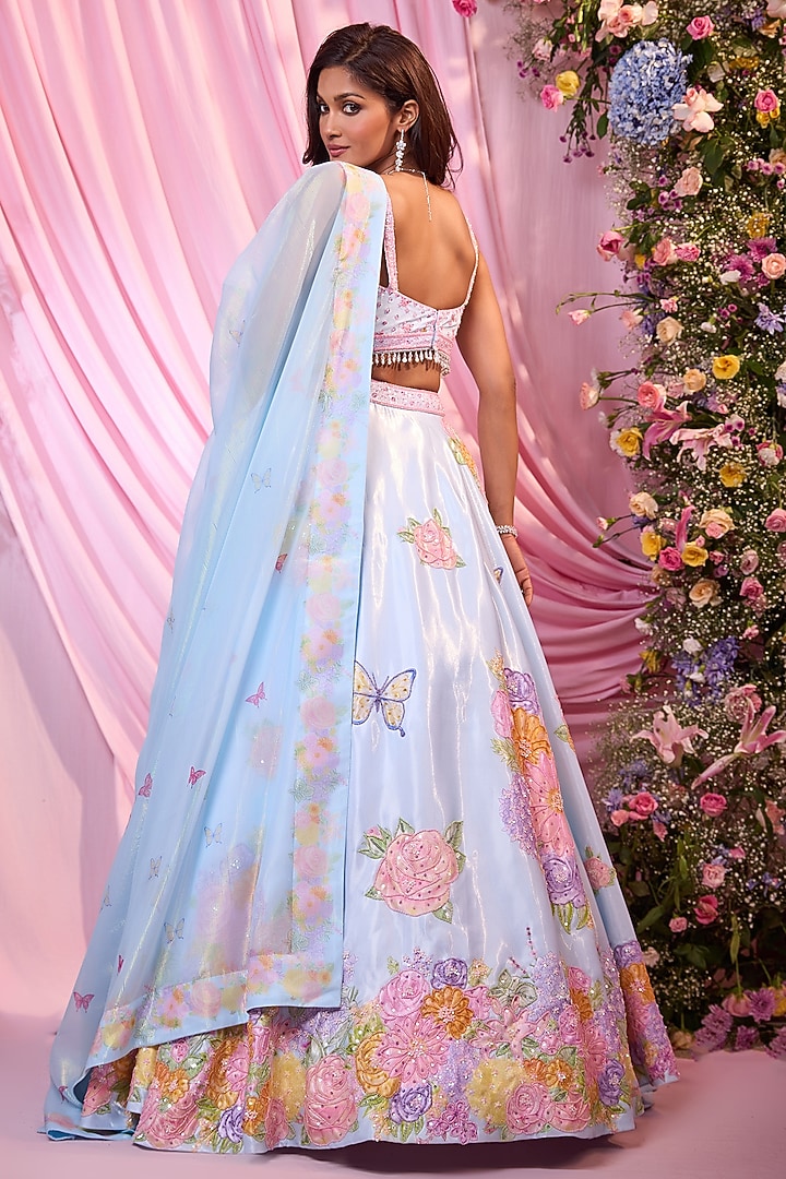 Ice Blue Satin Floral Printed & Embroidered Bridal Lehenga Set by LABEL PRIYANKA KAR at Pernia's Pop Up Shop