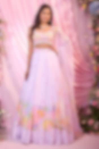 Lavender Satin Floral Printed & Embroidered Bridal lehenga for 22 Lehenga Set by LABEL PRIYANKA KAR at Pernia's Pop Up Shop