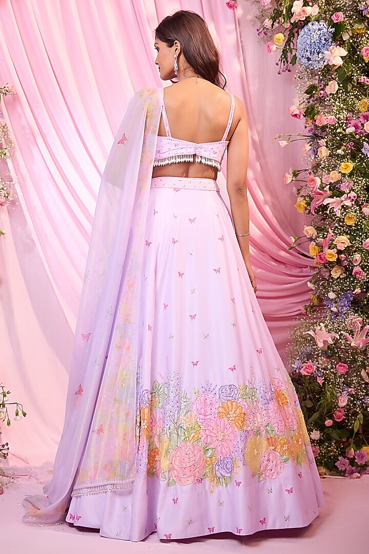 Lavender Satin Floral Printed & Embroidered Bridal Lehenga Set by LABEL PRIYANKA KAR at Pernia's Pop Up Shop