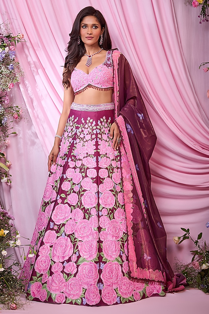 Pink & Maroon Dull Satin Floral Printed Bridal lehenga for 22 Lehenga Set by LABEL PRIYANKA KAR at Pernia's Pop Up Shop