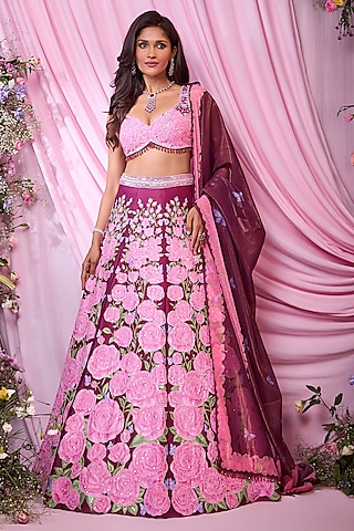 Pink & Maroon Dull Satin Floral Printed Lehenga Set by LABEL PRIYANKA KAR