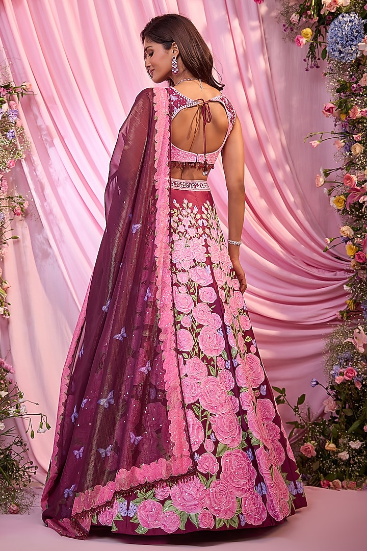 Pink & Maroon Dull Satin Floral Printed Bridal Lehenga Set by LABEL PRIYANKA KAR at Pernia's Pop Up Shop
