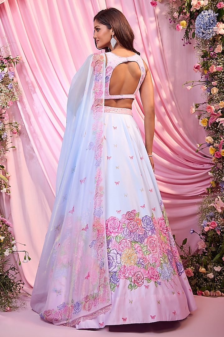Ice Blue & Pink Dull Satin Floral Printed Bridal Lehenga Set by LABEL PRIYANKA KAR at Pernia's Pop Up Shop