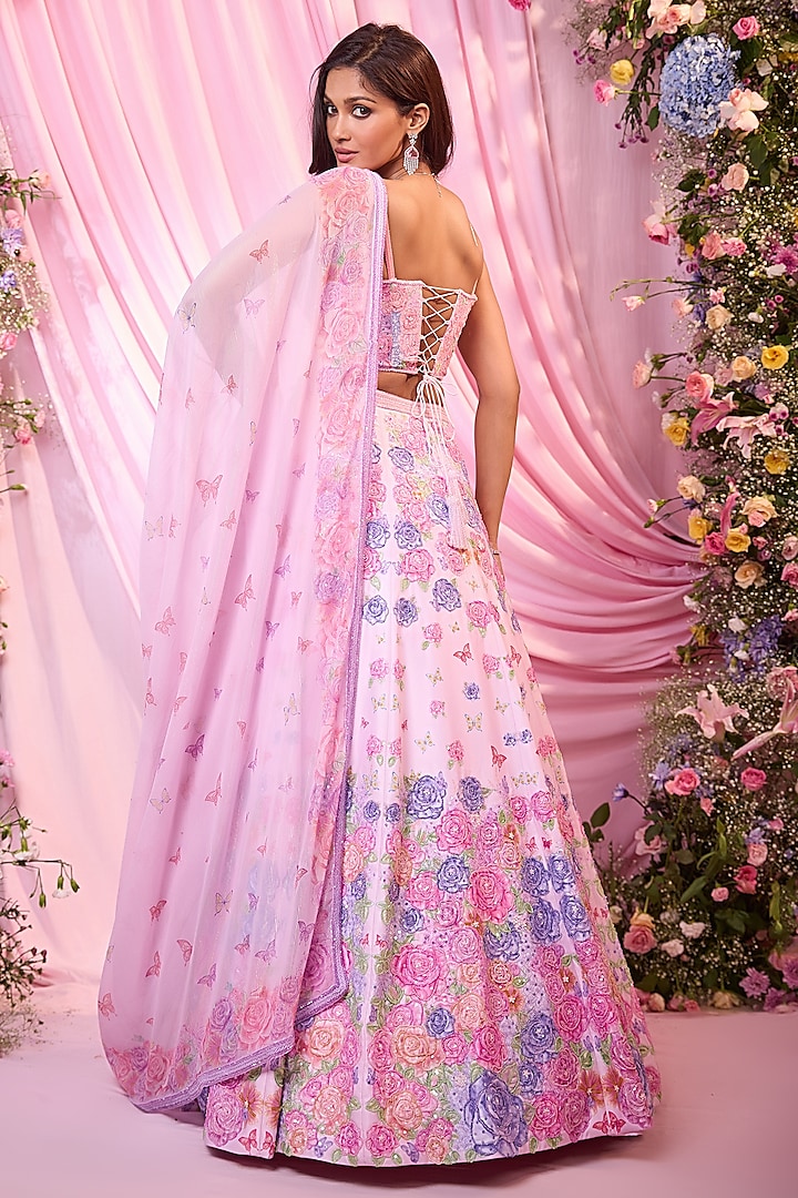 Pink Dull Satin Floral Printed & Embroidered Bridal Lehenga Set by LABEL PRIYANKA KAR at Pernia's Pop Up Shop