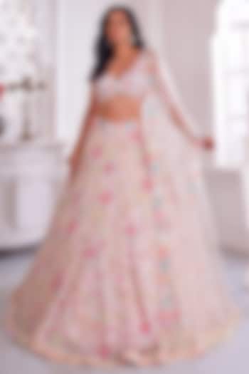 Pink Net Printed & Embroidered Wedding Lehenga Set by LABEL PRIYANKA KAR at Pernia's Pop Up Shop