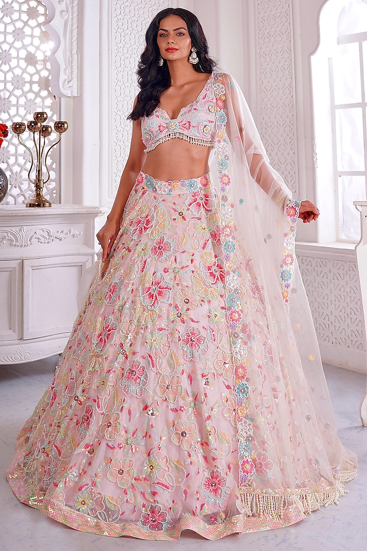 Pink Net Printed & Embroidered Lehenga Set by LABEL PRIYANKA KAR