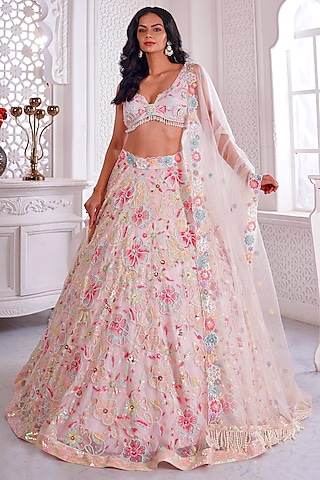 Pink Net Printed & Embroidered Lehenga Set by LABEL PRIYANKA KAR