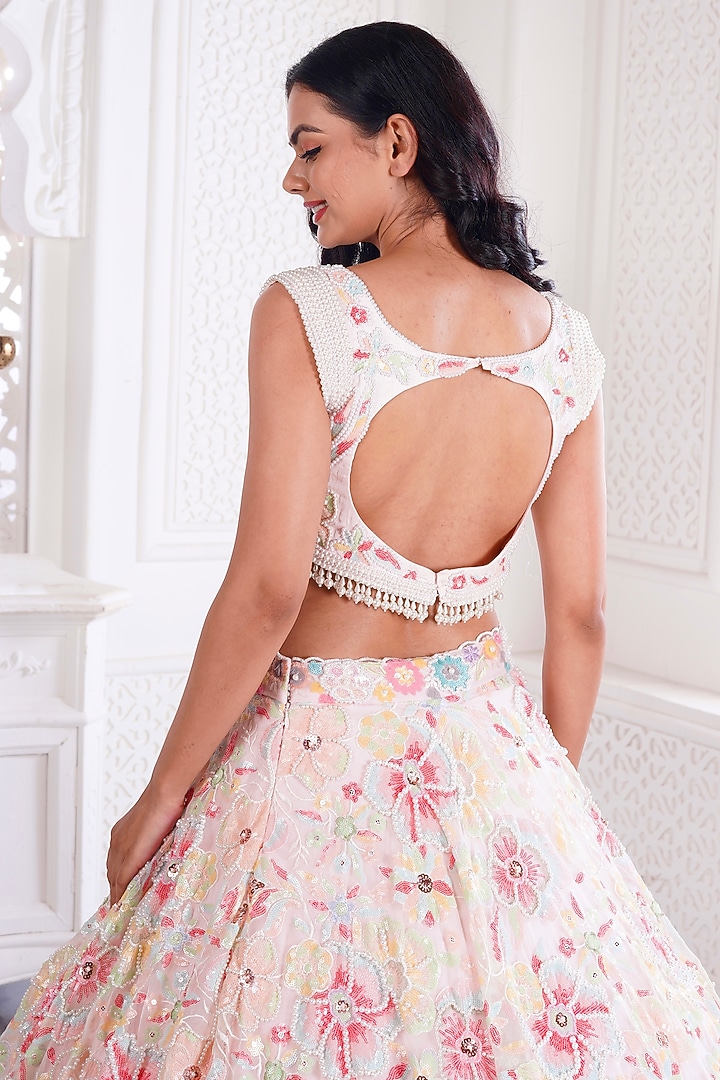 Pink Net Printed & Embroidered Wedding Lehenga Set by LABEL PRIYANKA KAR at Pernia's Pop Up Shop