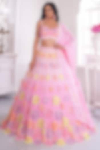 Pink Net Printed & Embroidered Wedding Lehenga Set by LABEL PRIYANKA KAR at Pernia's Pop Up Shop