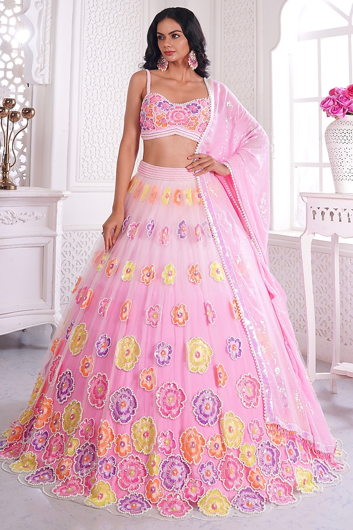 Pink Net Printed & Embroidered Wedding Lehenga Set by LABEL PRIYANKA KAR at Pernia's Pop Up Shop