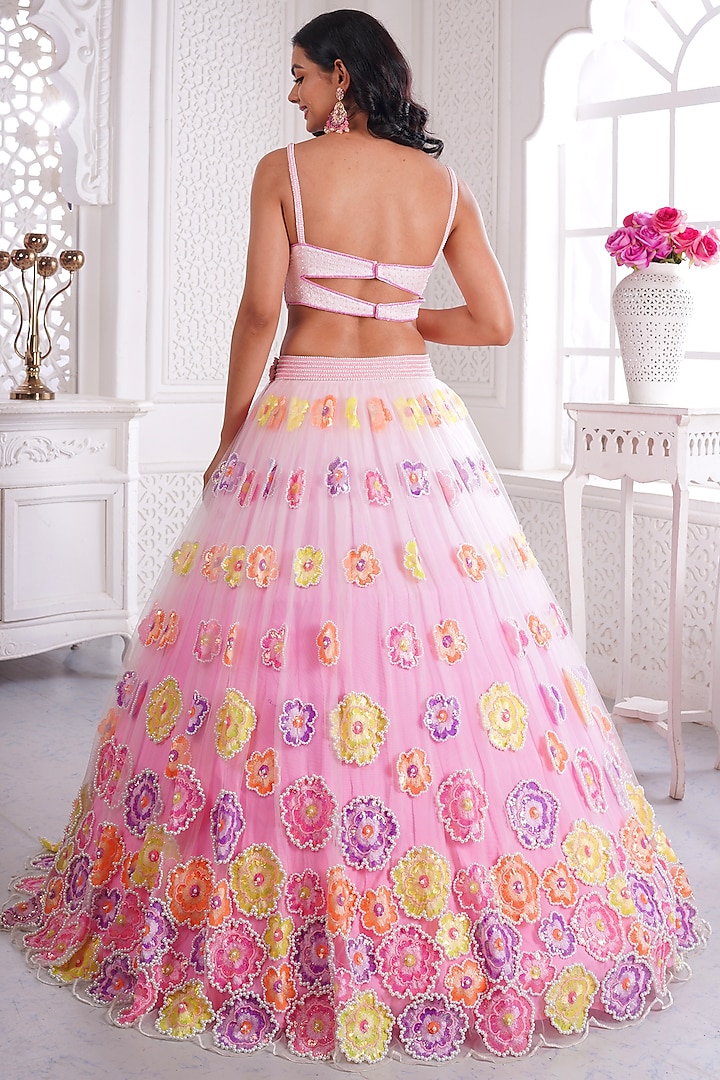 Pink Net Printed & Embroidered Wedding Lehenga Set by LABEL PRIYANKA KAR at Pernia's Pop Up Shop