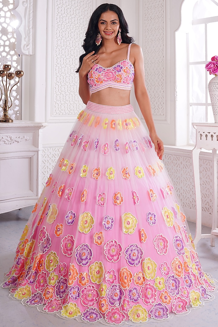 Pink Net Printed & Embroidered Wedding Lehenga Set by LABEL PRIYANKA KAR at Pernia's Pop Up Shop