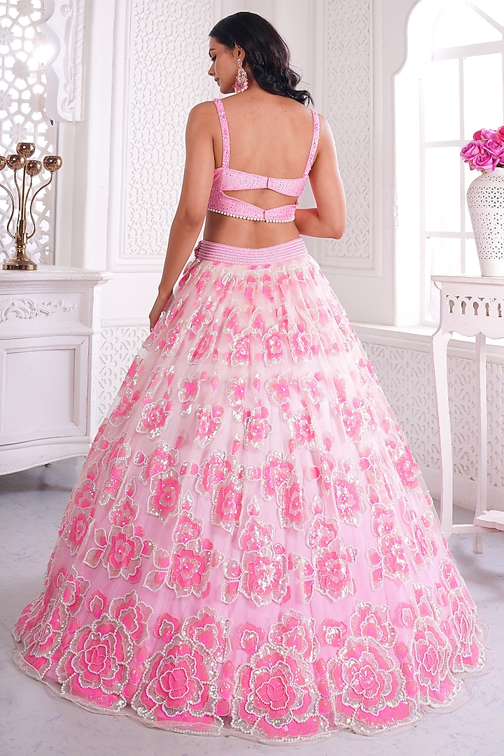 Pink Net Printed & Embroidered Wedding Lehenga Set by LABEL PRIYANKA KAR at Pernia's Pop Up Shop
