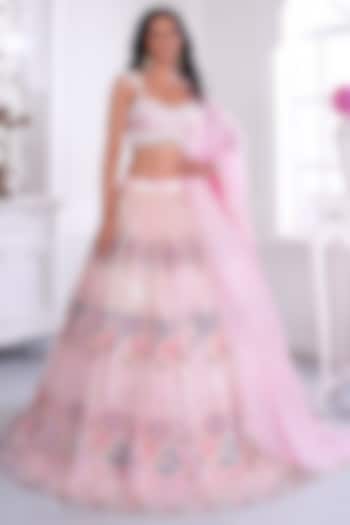 Blush Pink Net Printed & Embroidered Wedding Lehenga Set by LABEL PRIYANKA KAR at Pernia's Pop Up Shop