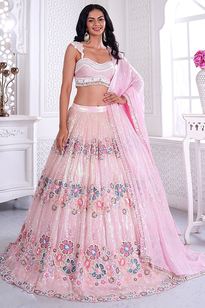 Blush Pink Net Printed & Embroidered Wedding Lehenga Set by LABEL PRIYANKA KAR at Pernia's Pop Up Shop