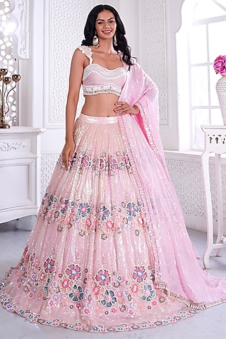 Blush Pink Net Printed & Embroidered Lehenga Set by LABEL PRIYANKA KAR