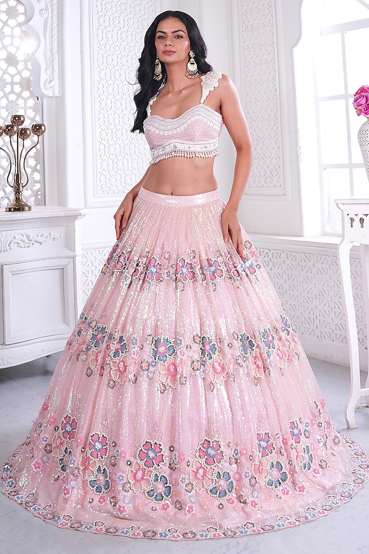 Blush Pink Net Printed & Embroidered Wedding Lehenga Set by LABEL PRIYANKA KAR at Pernia's Pop Up Shop