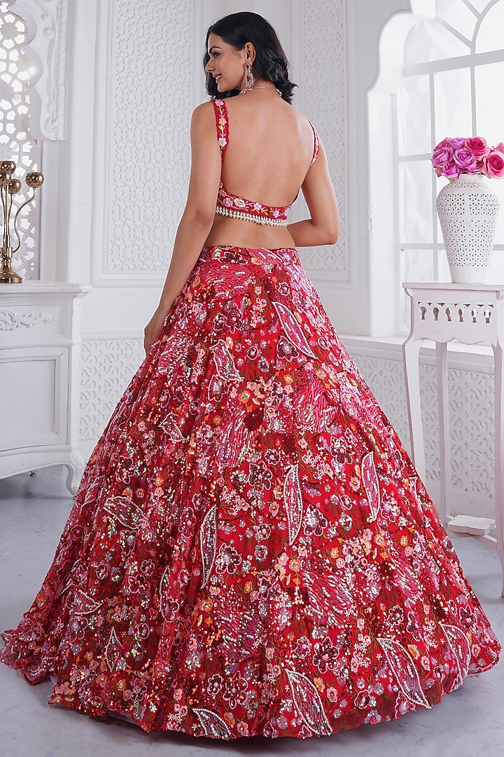 Red Net Embroidered Wedding Lehenga Set by LABEL PRIYANKA KAR at Pernia's Pop Up Shop