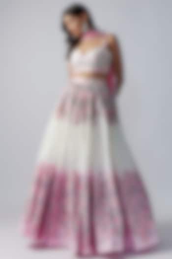 White & Pink Cotton Floral Printed & Embroidered Wedding Lehenga Set by LABEL PRIYANKA KAR at Pernia's Pop Up Shop
