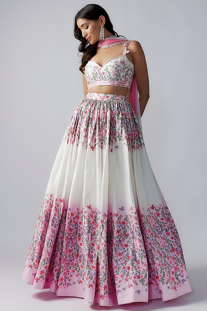 White & Pink Cotton Floral Printed & Embroidered Wedding Lehenga Set by LABEL PRIYANKA KAR at Pernia's Pop Up Shop
